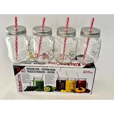 Kitchen Crew Set of 4 Mason Jar Mugs with Straws