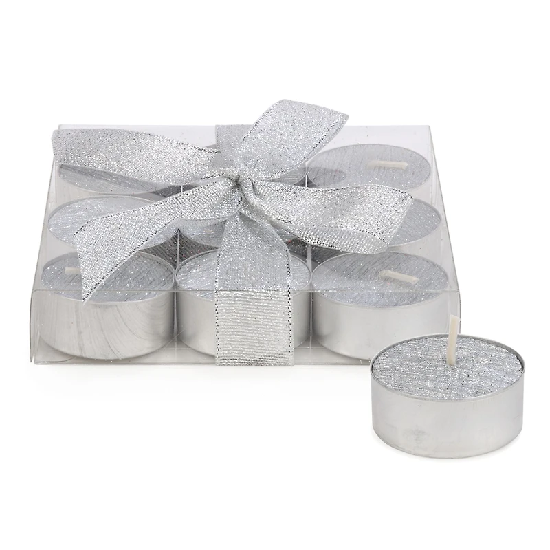 T-Light Candles, Set of 9 - Glitter Silver