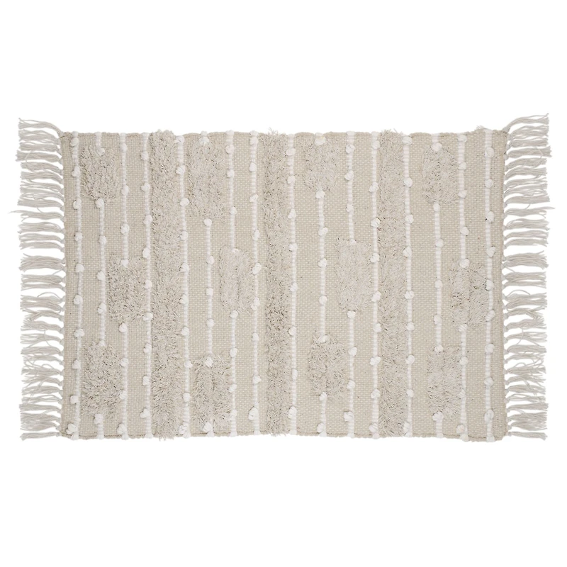 Thin Stripe Pattern with Fringe Rug - Beige and White