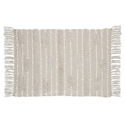 Thin Stripe Pattern with Fringe Rug  - Beige and White
