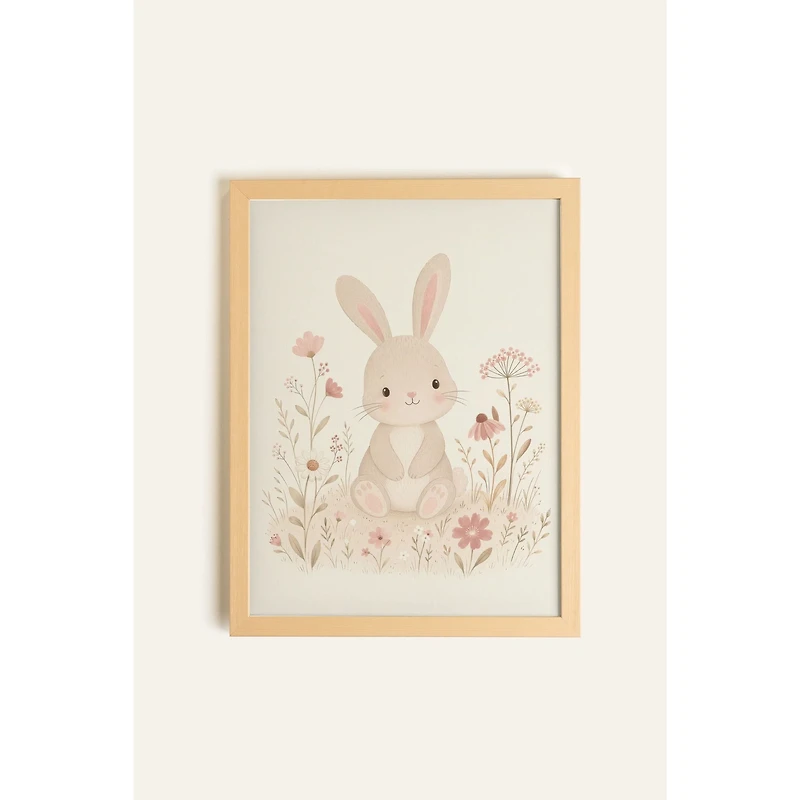 Oleka Flower Bunny Framed Canvas Wall Art - Light Natural Wood Frame