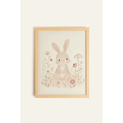 Oleka Flower Bunny Framed Canvas Wall Art - Light Natural Wood Frame