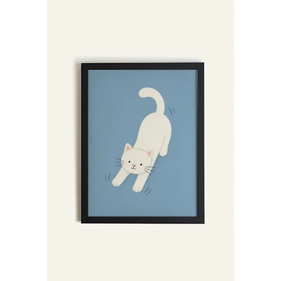 Oleka Happy Kitten art mural sur toile encadrée - Cadre en bois noir
