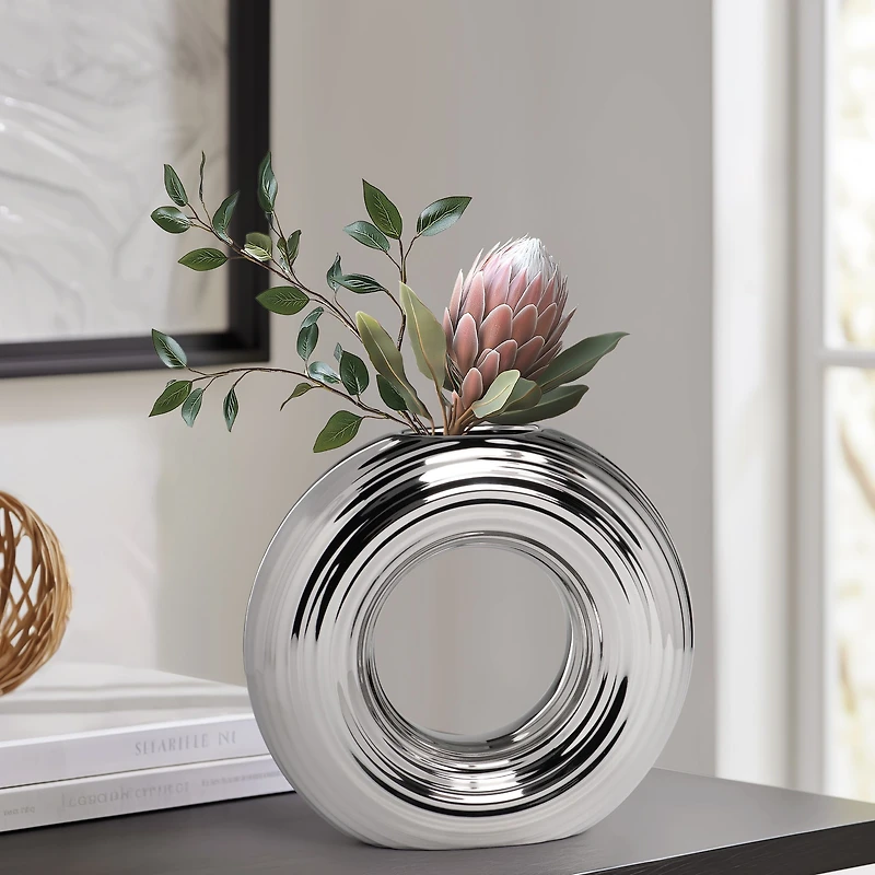 Circa Round Ring Vase, Matte Silver - 9"
