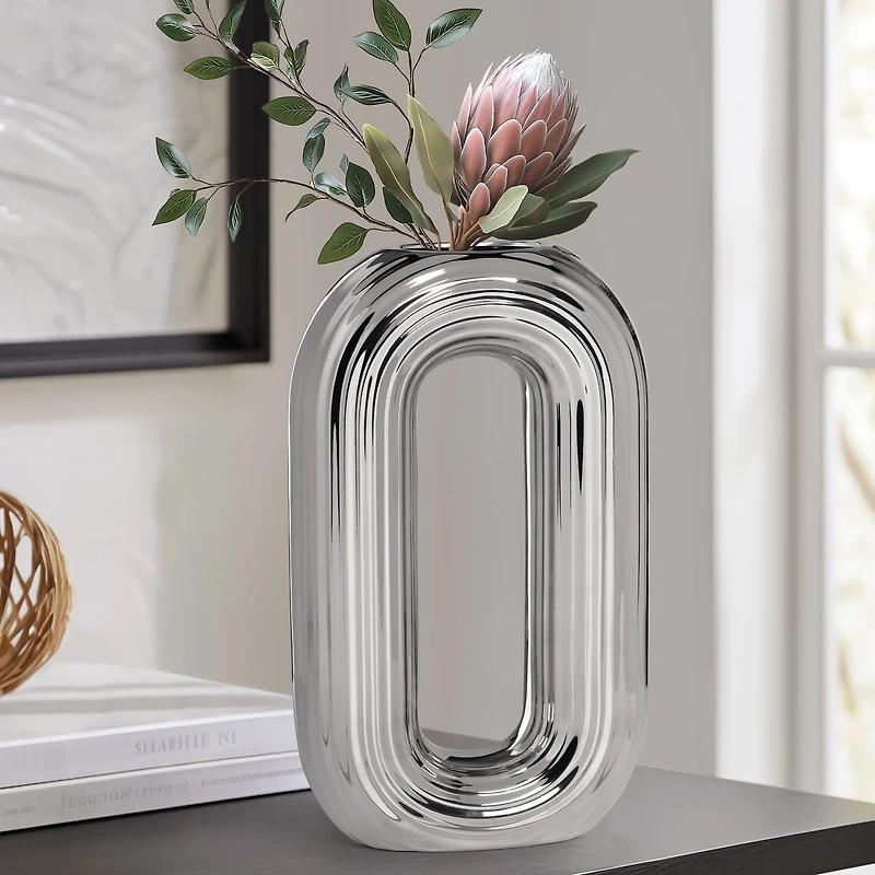 Circa Oval Ring Vase, 13" - Matte Silver 