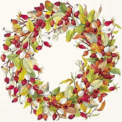 Cocktail Napkins, Pack of 20 - Rose Hip Wreath