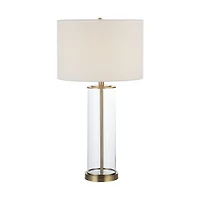 Saco 28" Tall Satin Brass Glass Table Lamp with Drum Linen Shade (Set of 2)