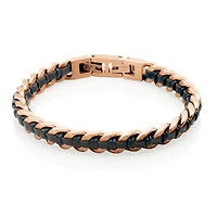 STEELX Stainless Steel Rose Gold Ionic-Plated Black Leather Curb Chain Bracelet