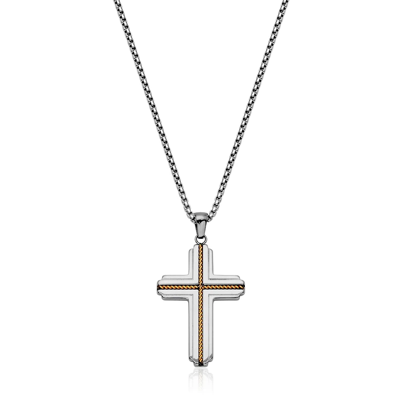 STEELX Stainless Steel Two Tone Cross Pendant Necklace 24"