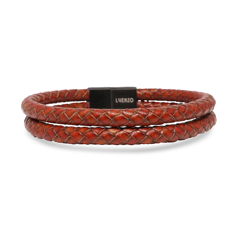 Luenzo Saddle Brown Genuine Leather Double Wrap Bracelet