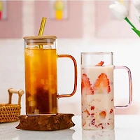 Verre carré avec couvercle en bambou et paille en verre, ensemble de 2 - Rose