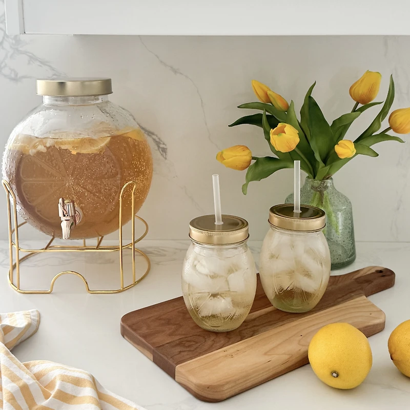Clear Glass Bottle with Gold Lid & Straw, Set of 4