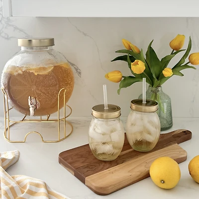 Clear Glass Bottle with Gold Lid & Straw, Set of 4 