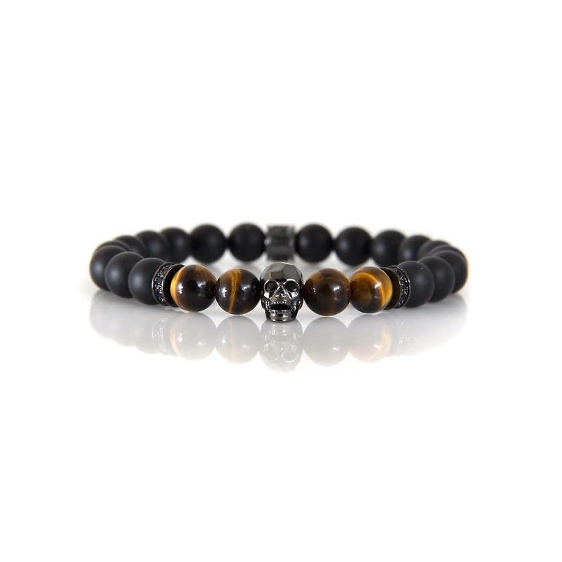 Luenzo Black Onyx and Tiger Eye with Gunmetal Skull Bracelet