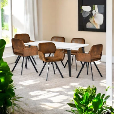 Marble Finish Dining Set with Brown Swivel Chairs, Set of 7