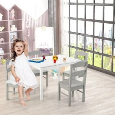 Kids 5 Piece Table and Chair Set Wooden Children Activity Playroom Furniture Gift - White