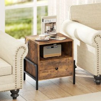 Nightstand, Charging Station and Drawer Sofa Side Table - Rustic Brown