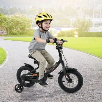 Kids Bike with Removable Training Wheels and Adjustable Seat for 3-8 Years Old - Black - 12"