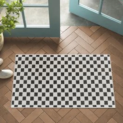 Rocky Checkered Contemporary Indoor Doormat Rug, Black