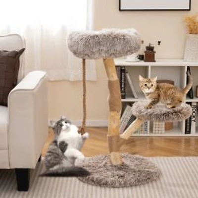 Modern Wooden Cat Tree Tower, Perch and Natural Jute Scratching Posts - Brown
