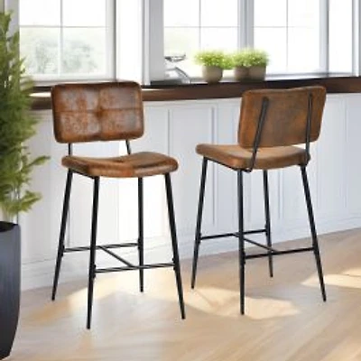 Set of 2 Counter Height Bar Stool with Suede Upholstery and Black Metal Legs by Maison Classique