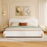 Modern Minimalist Upholstered Bed with Plush Fabric – King, White
