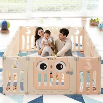 14-Panel Baby Playpen Kids Activity Center Foldable Play Yard, Lock Door - Pink
