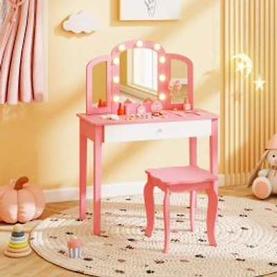 2-in-1 Kids Vanity Table Set, Tri-Folding Detachable Mirror and Lights