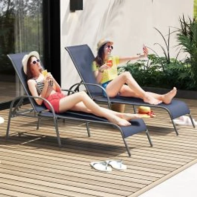 2-Piece Outdoor Patio Lounge Chair Chaise Fabric, Adjustable Reclining Armrest - Navy