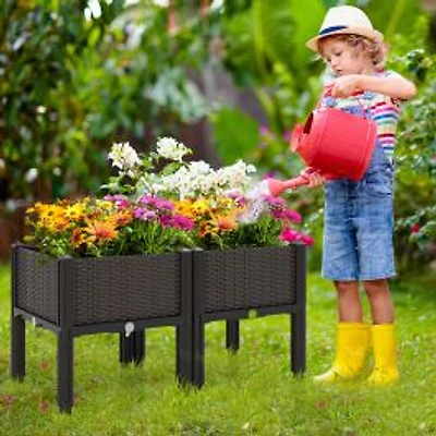 2 Set Elevated Plastic Raised Garden Bed Planter Kit, For Flower Vegetable Grow - Brown