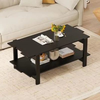 2-Tier Coffee Table Slatted Wood Center Table, Storage Shelf