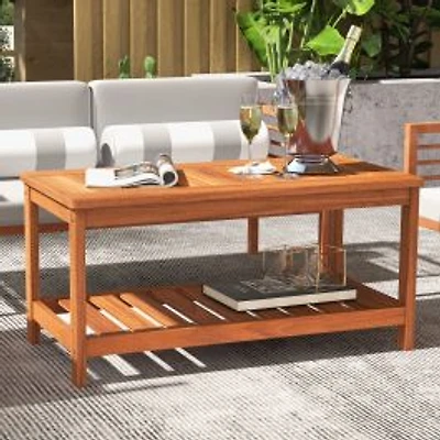 2-Tier Patio Coffee Table, Slatted Tabletop and Shelf