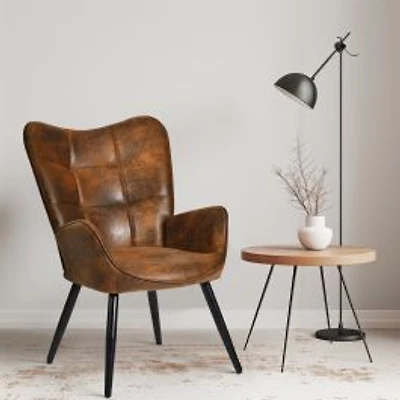 Modern Brown Suede Accent Chair with Black Metal Legs by Maison Classique