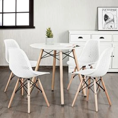 4-Piece Modern Plastic Hollow Chair Set with Wood Leg-White