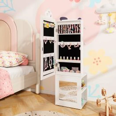 3-in-1 Freestanding Kids Jewelry Cabinet Armoire, Full Length Mirror - White