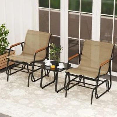 3-Piece Outdoor Glider Bistro Set, Tempered Glass Top and Metal Frame - Coffee