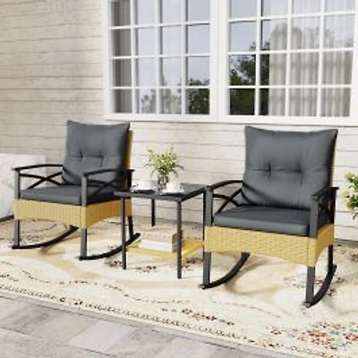 3-Piece Outdoor Rattan Rocking Chairs Set, 2-Tier Side Table for Garden Backyard - Gray