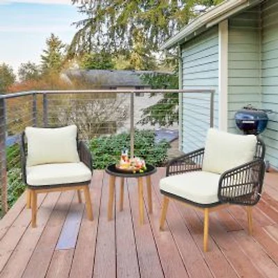 3-Piece Patio Furniture Set, Cushioned Chairs and Tempered Glass Side Table - Black