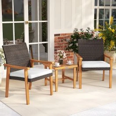 3-Piece Patio PE Wicker Furniture Set Acacia Wood Outdoor Conversation Bistro Set - White