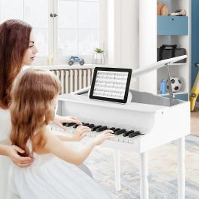 Piano à queue jouet en bois pour enfants à 30 touches, banc et pupitre - Blanc