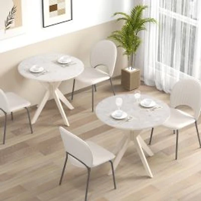 36-Inch Mid Century Modern Kitchen Table, Faux Marble Tabletop and Solid Rubber Wood Legs - White