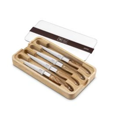 Laguiole Expression Steak Knife with Olive Wood Handle, Forged Stainless Steel Blade - Set of 4