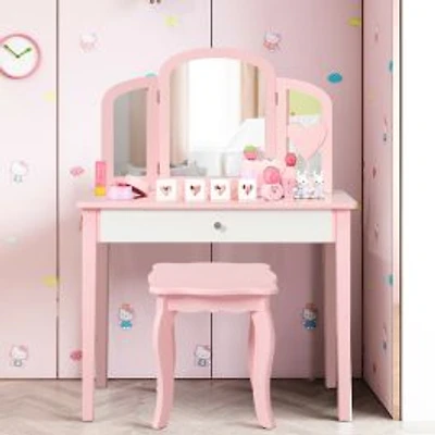 Kids Princess Make Up Dressing Table, Tri-folding Mirror and Chair - Pink