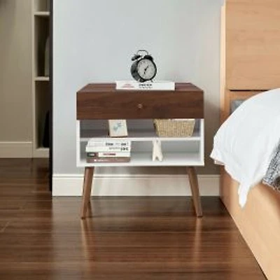 Mid-Century Nightstand with Drawer and Rubber Wood Legs