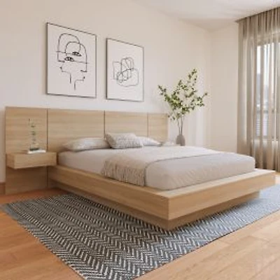 Nina 4-Piece Platform Bedroom Set With Floating Nightstand - Natural Blonde Oak