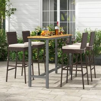 Set of 4 Patio Wicker Barstools, Seat Cushion and Footrest - Set of 4
