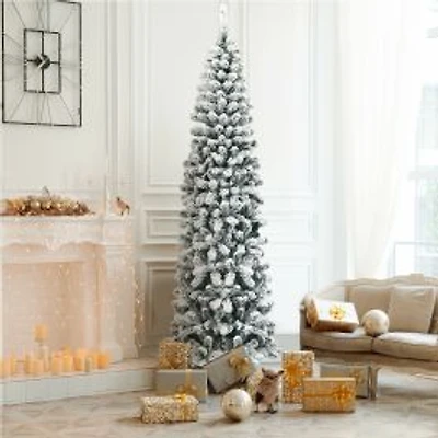 Unlit Hinged Snow Flocked Artificial Pencil Christmas Tree with 641 Tips - 7.5 ft