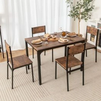 5 Piece Dining Table Set Industrial Style Kitchen Table and Chairs, For 4 - Rustic Brown