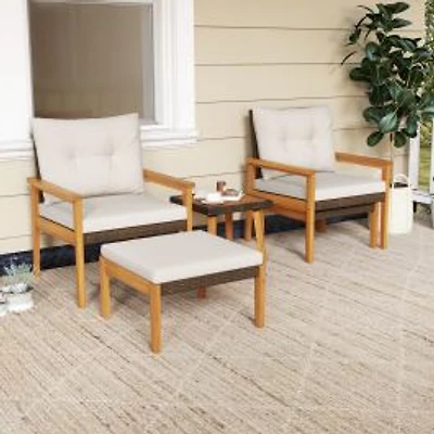 5 Piece Rattan Furniture Set, Square Coffee Table - White