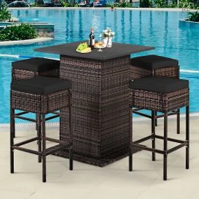 5-Piece Patio Rattan Bar Furniture Set, Cushions and Hidden Storage Shelf
